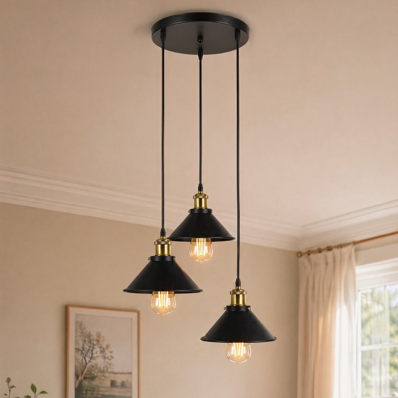 Emitto Pendant Light 3 Lights Height Adjustable Vintage Ceiling Light Black