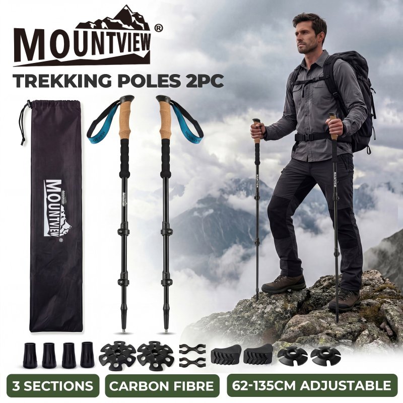 Mountview Trekking Poles Carbon Fibe Lightweight Hiking Sticks 2PC Black