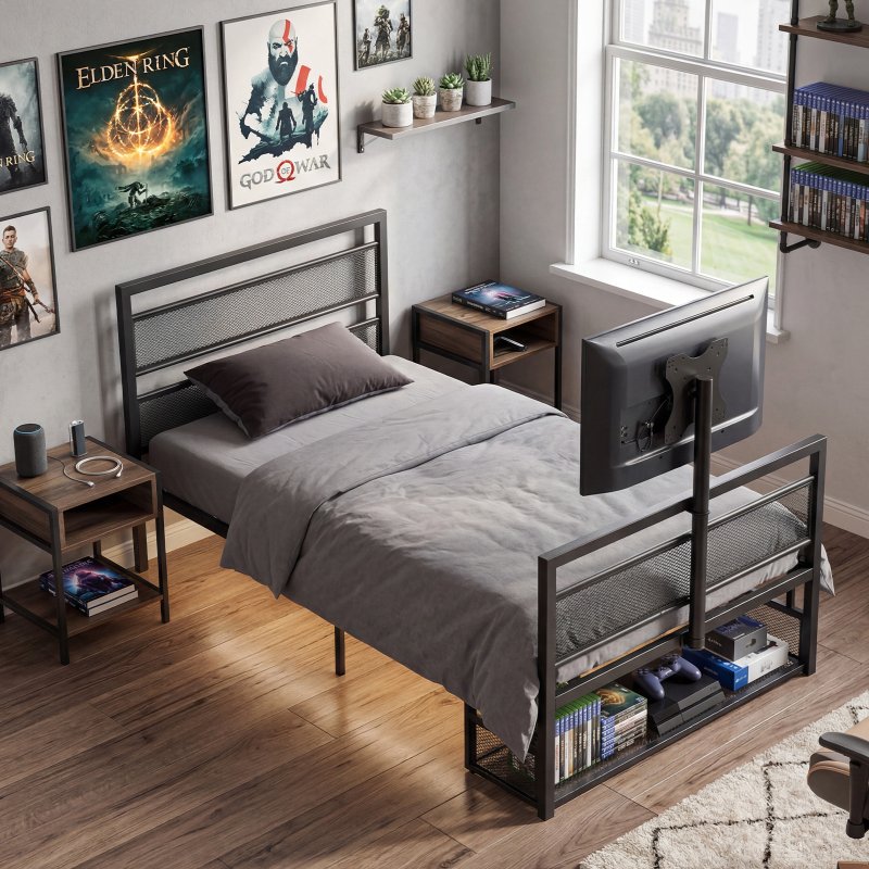 Levede Single Bed Frame Gaming Bed TV Bed 360 Rotating Mount Metal Black