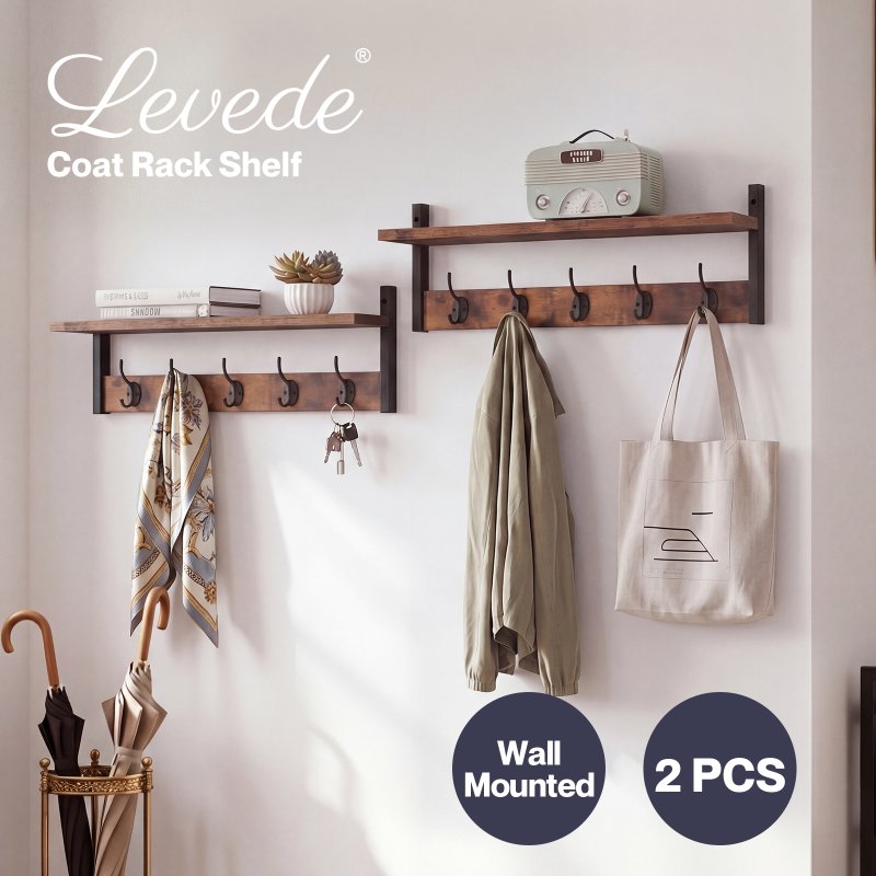 Levede Coat Rack Wall Mounted Wooden Hooks Hangers Storage Shelf 2 Pack Brown