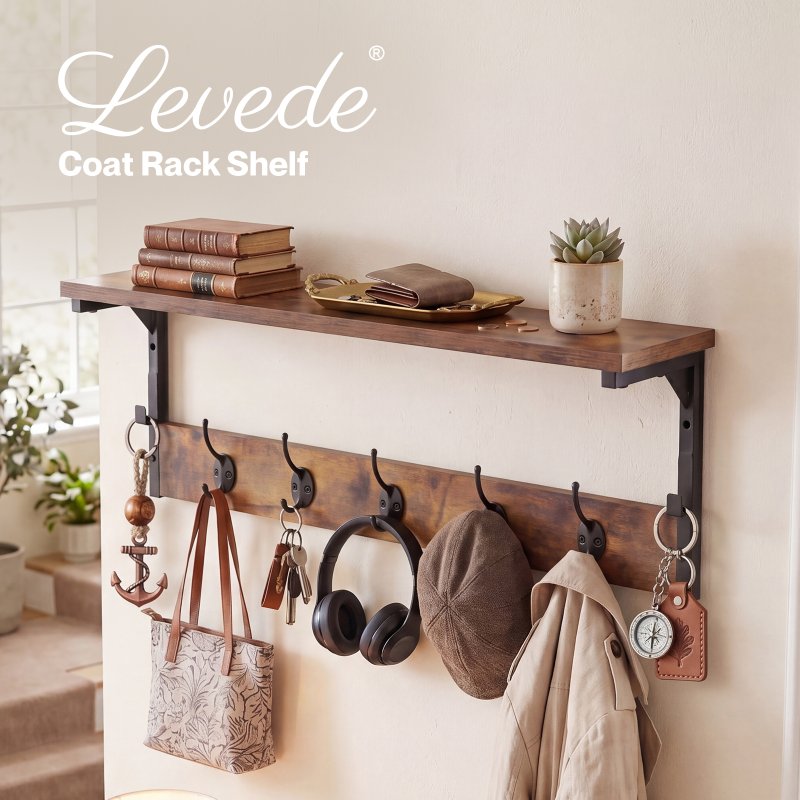 Levede Coat Rack Wall Mounted Shelf 7 Hooks Heavy Duty Entryway Storage Brown