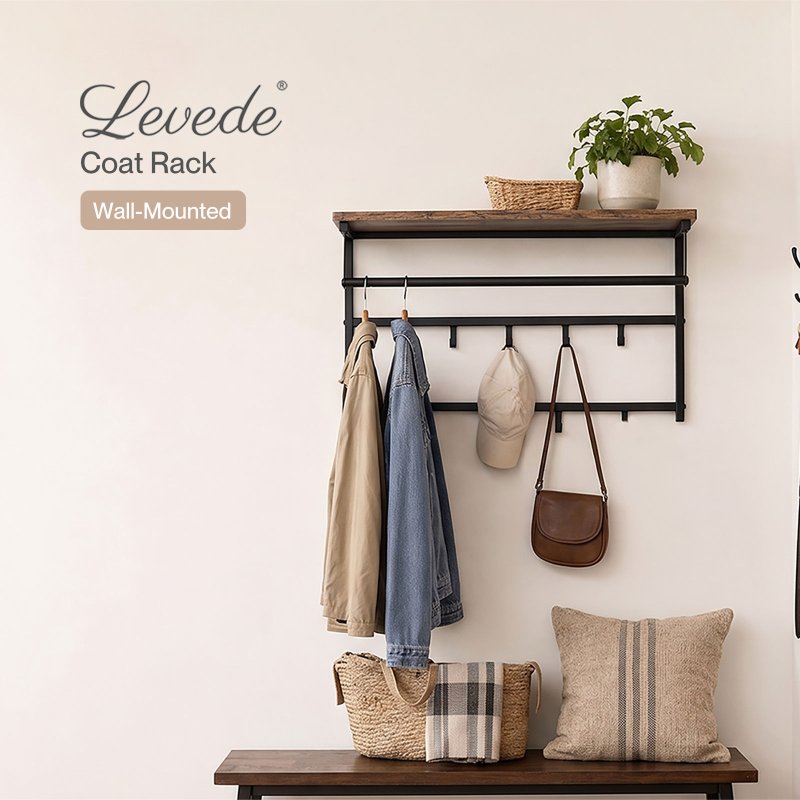 Levede Coat Rack Wall Mounted 10kg Wooden Shelf Hooks Hanger Storage Metal Brown