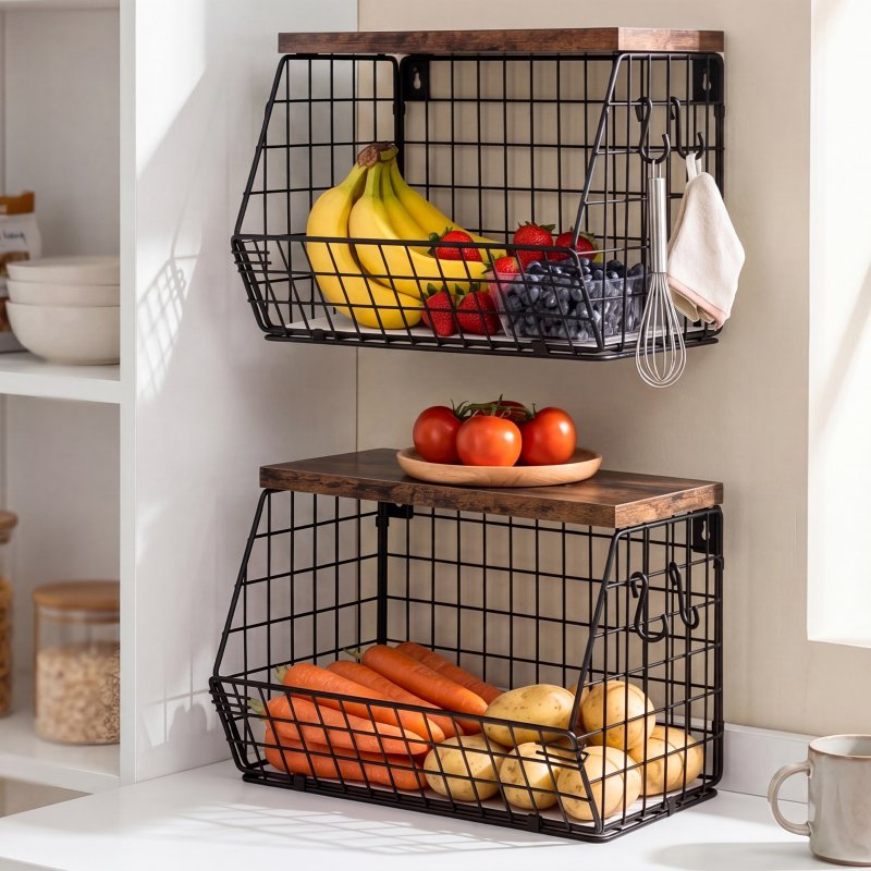 Toque Fruit Snack Storage Basket 2PCS Stackable Wall Mounted Kitchen Wood Lid