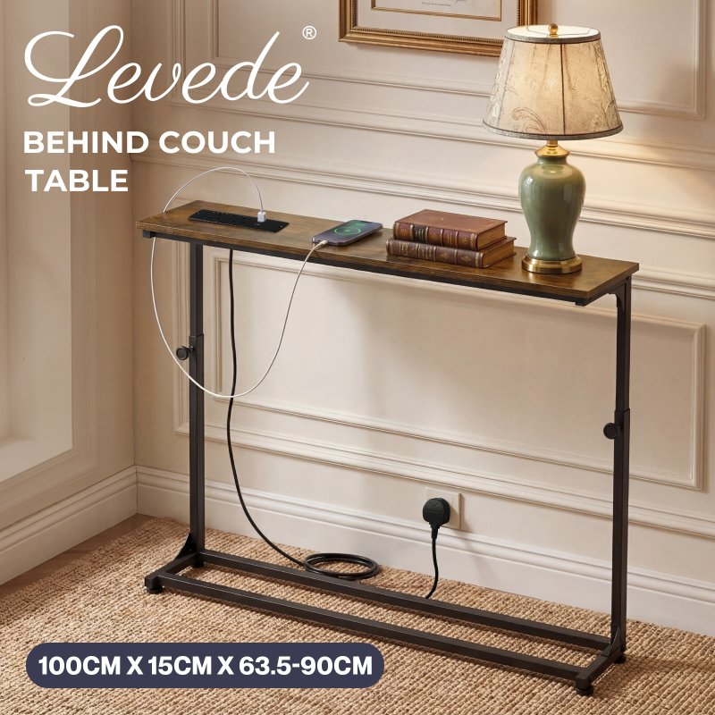 Levede Console Table Slim Height Adjustable with Outlets for Entryway Sofa Black