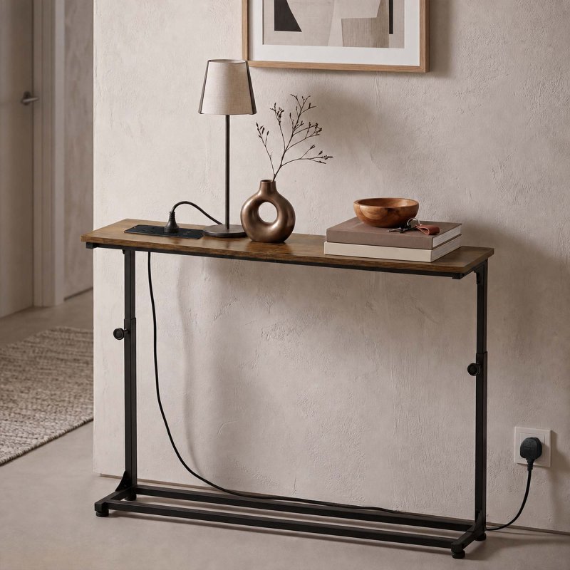 Levede Console Table Slim Height Adjustable with Outlets for Entryway Sofa Black