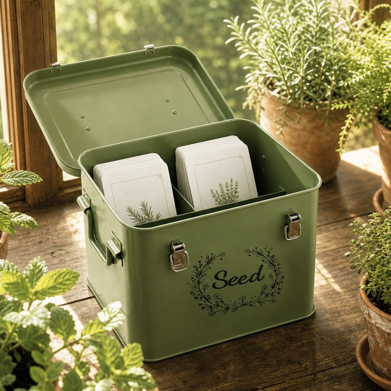 TOQUE Seed Storage Box Organiser 3 Compartment Metal Seed Storage Green