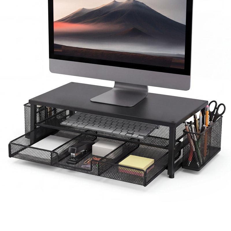 Levede Monitor Riser Desk Organiser with Drawer Metal Monitor Stand Black