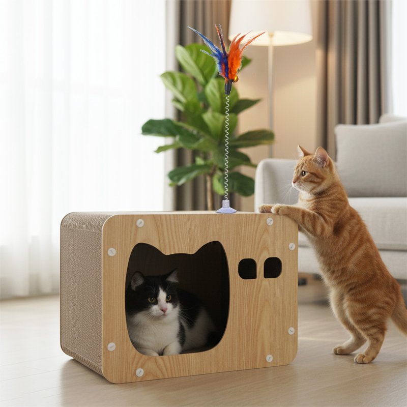 Skylos Cat Scratching Post Cat Cardboard House Cat Scratcher with Toy Indoor