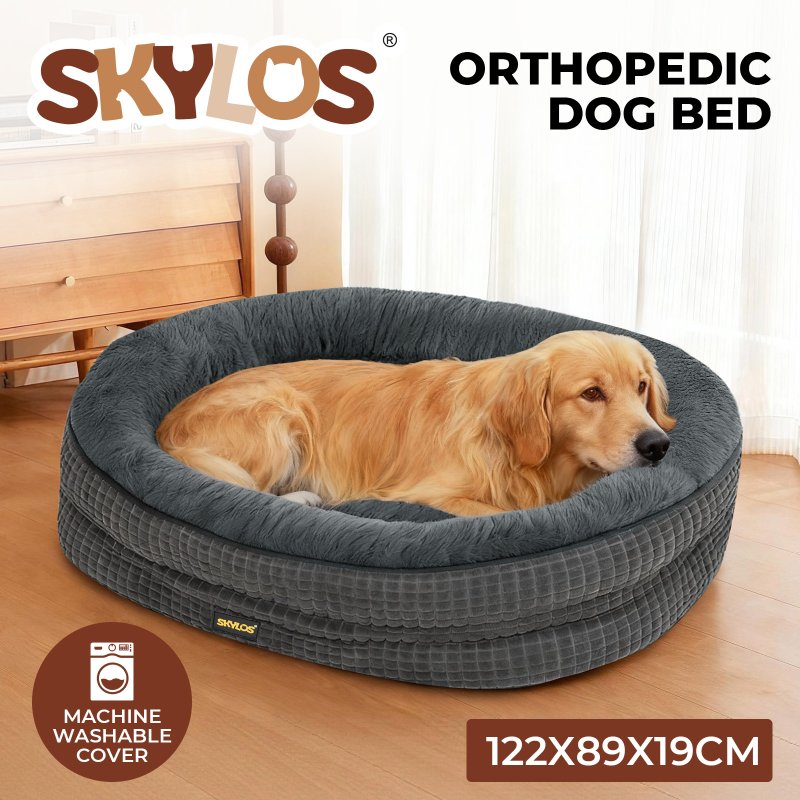 Skylos Orthopedic Plush Dog Bed Soft Washable Pet Bed Grey Cosy Cushion XXL Size