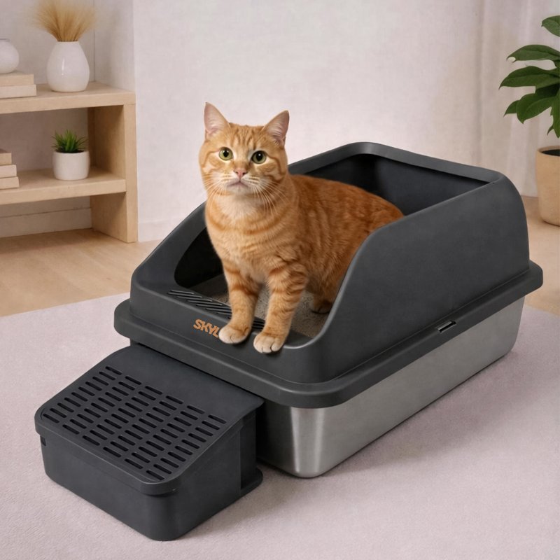 Skylos Stainless Steel Cat Litter Box Big Cats Kitten High Sided Easy Clean Grey