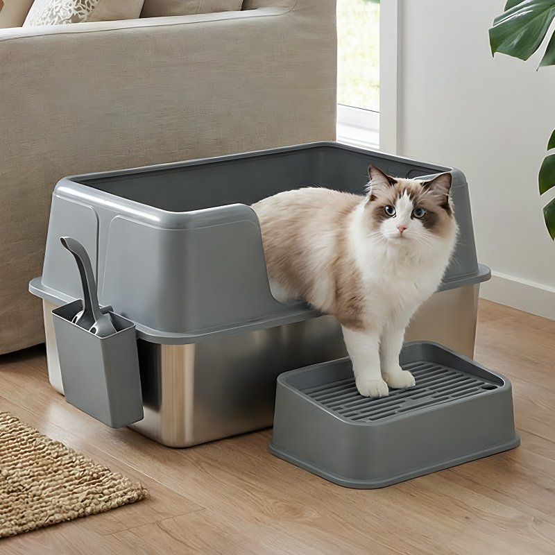 Skylos Stainless Steel Cat Litter Box High Sided Litter Tray with Scoop Pedal