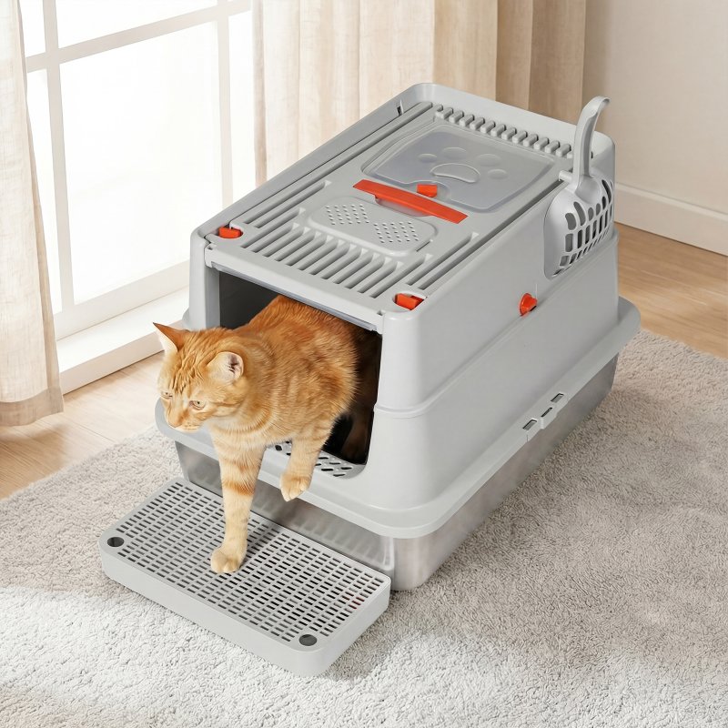 Skylos Stainless Steel Cats Litter Box Hooded High Enclosed Large Kitty Toilet