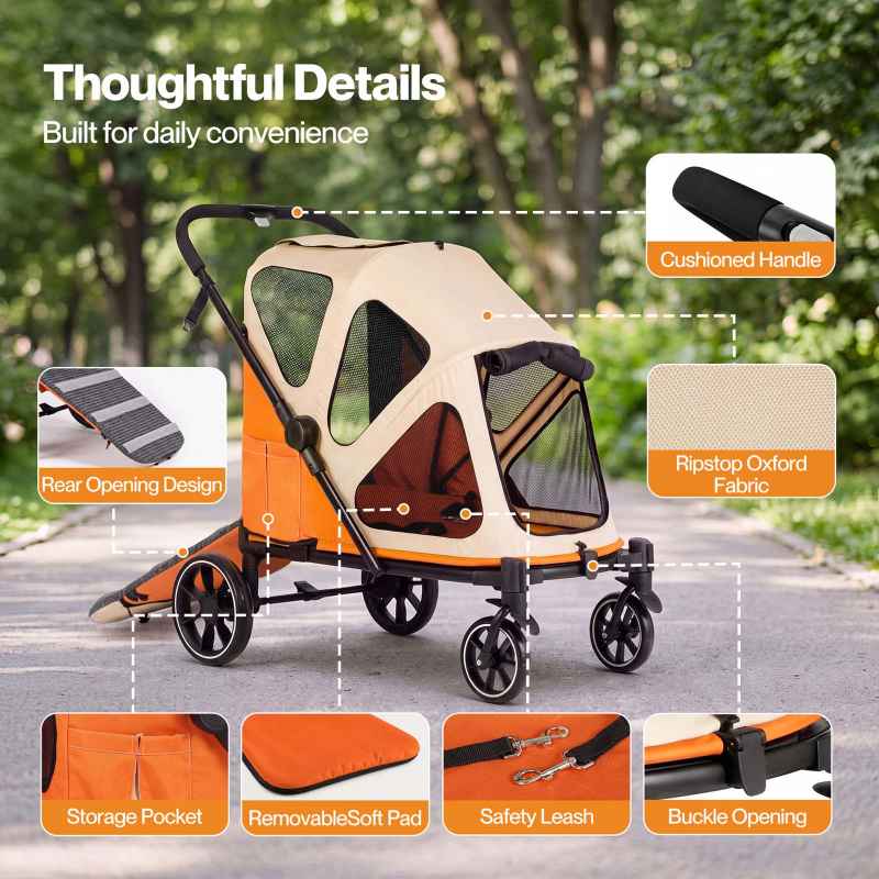 Skylos Dog Stroller Pet Pram Foldable Shock Absorbing Wheels Outdoor Orange