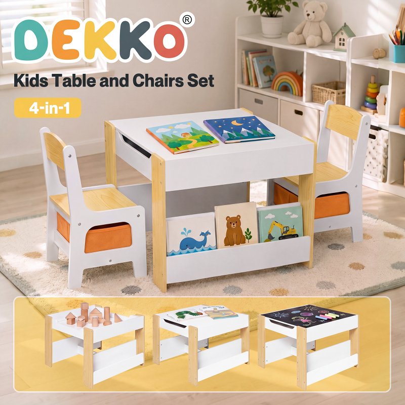 Dekko Kids Table and Chairs Set 2-in-1 Flip Top Storage Activity Play Study Grey