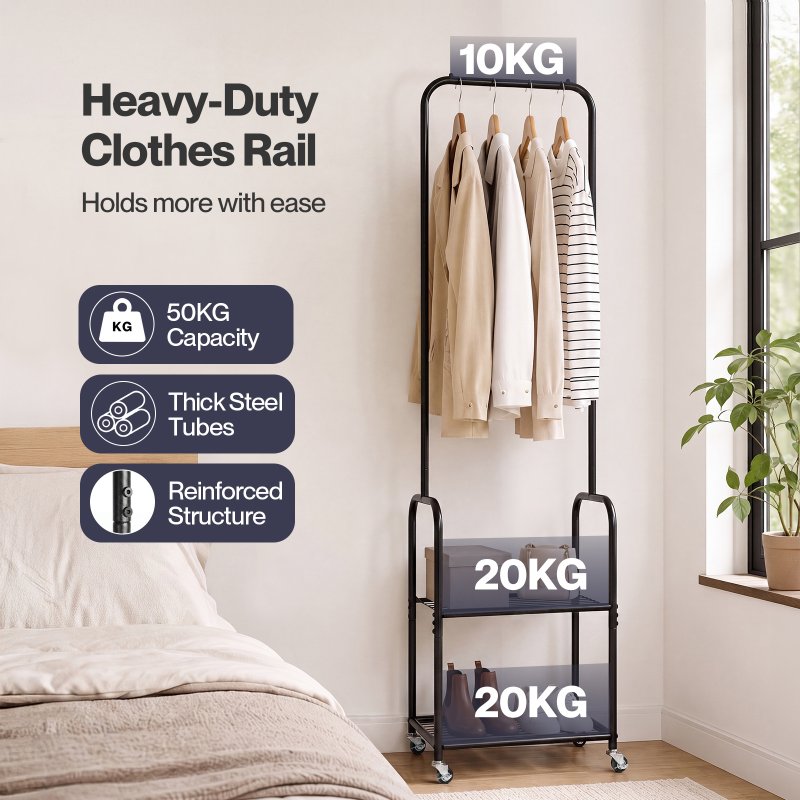 Levede Clothes Rack Heavy Duty Garment Rack 2 Shelf Locking Wheels Bedroom Black