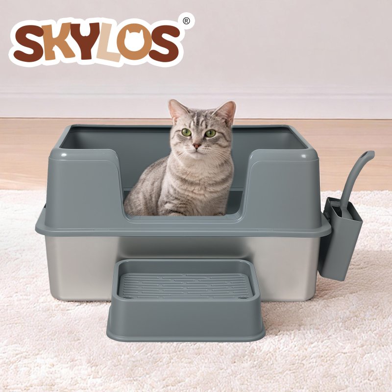 Skylos Stainless Steel Cat Litter Box High Sided Litter Tray with Scoop Pedal