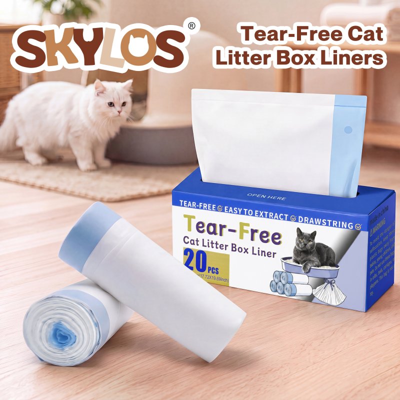 Skylos Cat Litter Bags Auto Scoop Bin Liners Heavy Duty Drawstring 40 Pack Blue