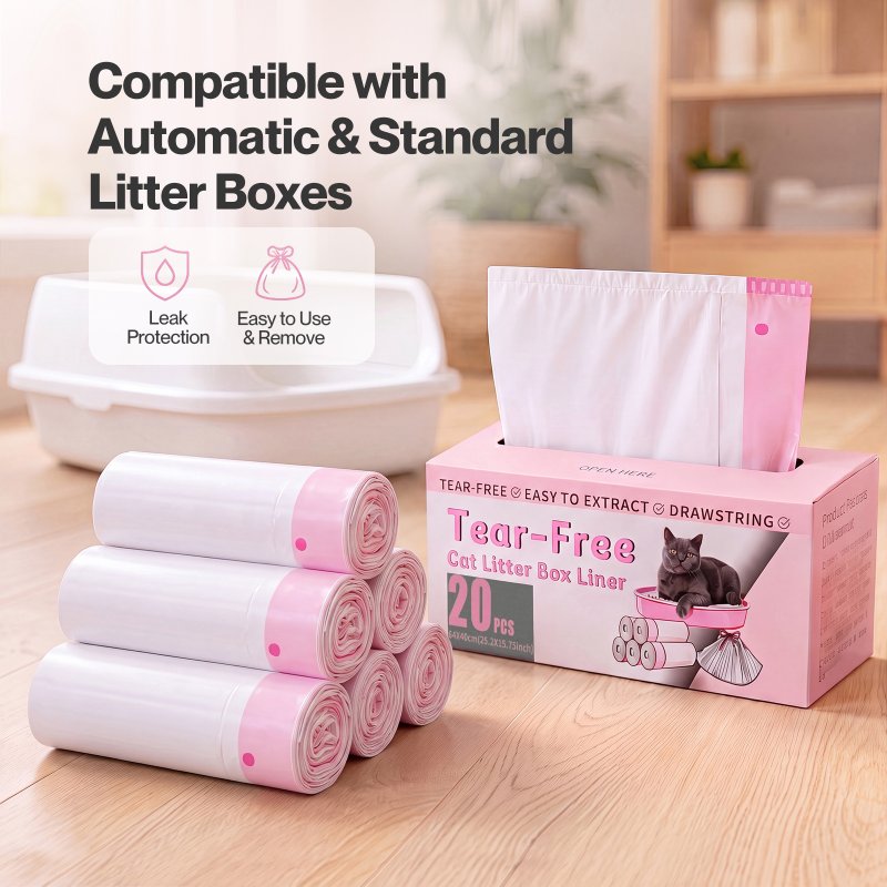 Skylos Cat Litter Bags for Robot Litter Box Drawstring 120 Pack HDPE Pink