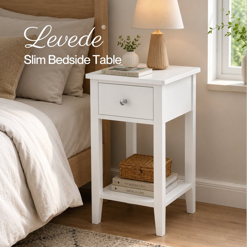 Levede Bedside Table Slim Modern End Table Drawer & Shelf Bedroom White