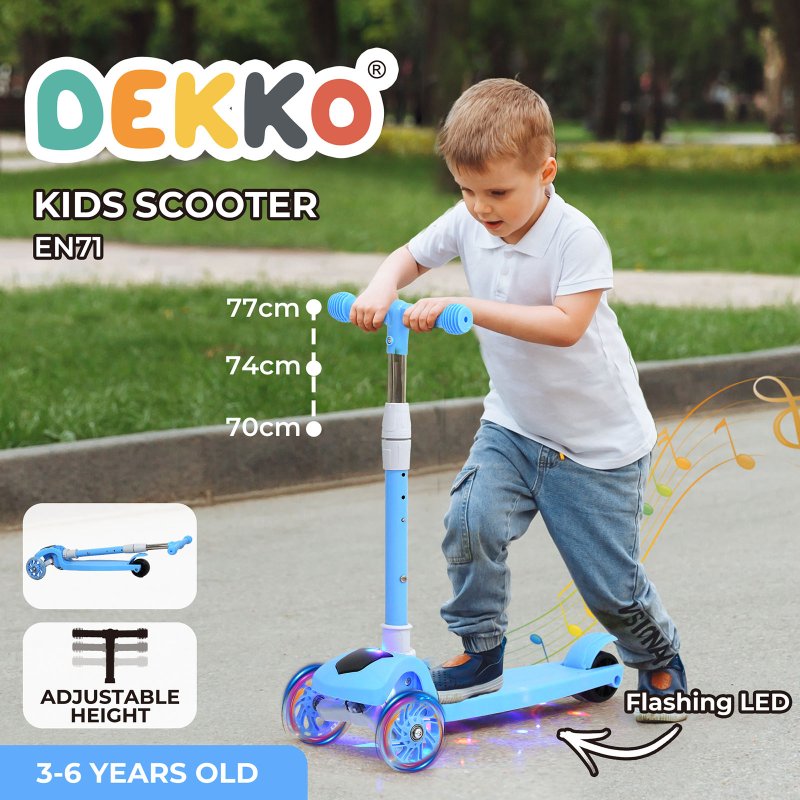 Dekko Foldable Kids Scooter Adjustable Height Flashing LED Music 3 Wheels Blue