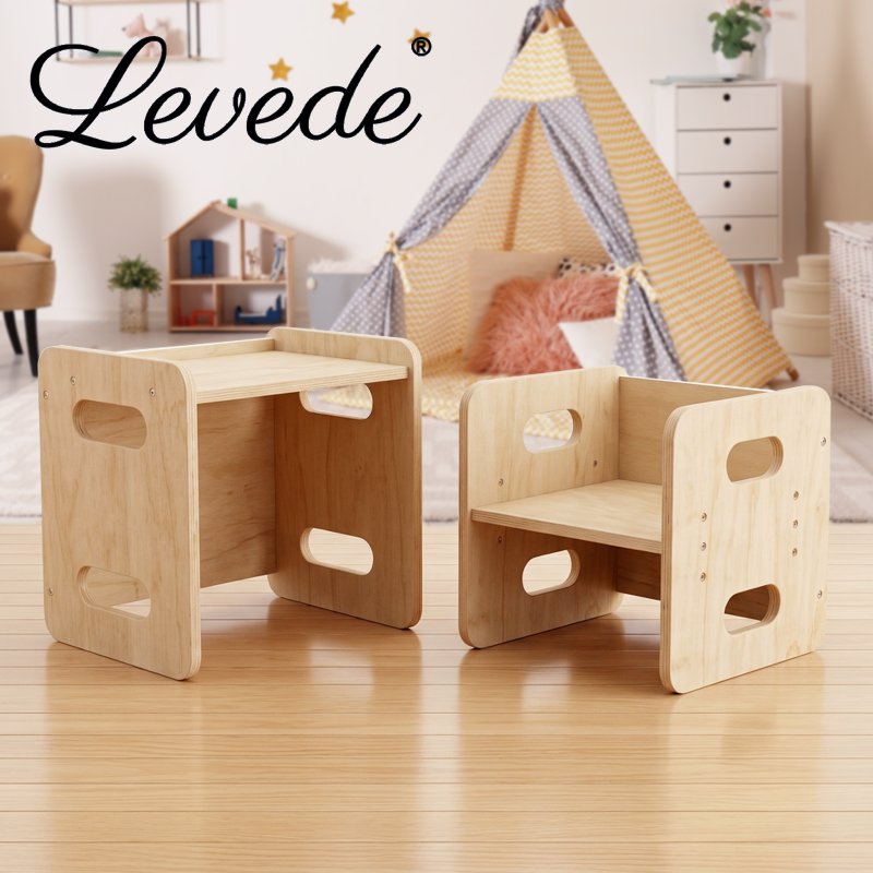 Levede Kids Table And Chair Sets 3-in-1 Adjustable Baby Safe Plywood Light Brown