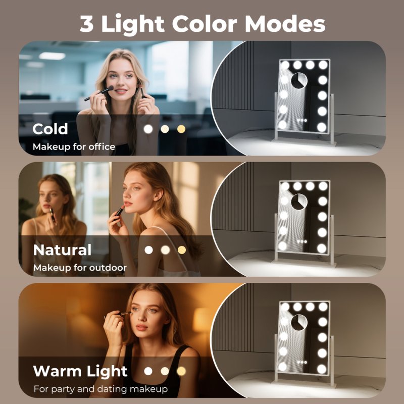 Emitto LED Hollywood Makeup Vanity Mirror Dimmable 3 Colour Lights 31x47cm