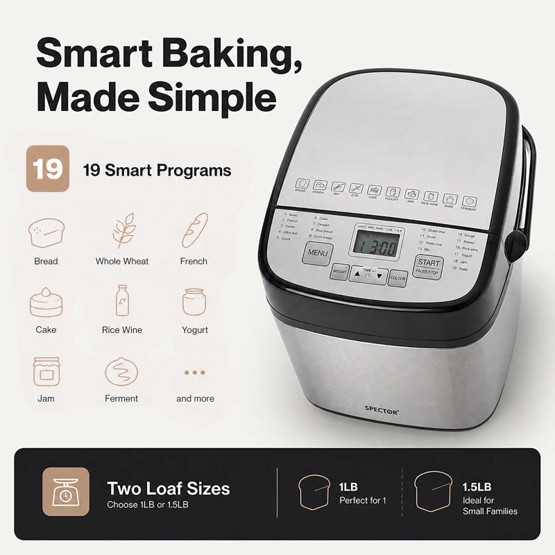 Spector Bread Maker 19 In 1 Compact Machine 15H Timer 1.5Lb for Home Baking