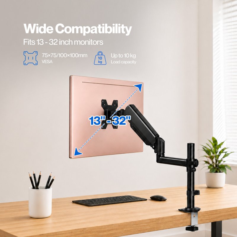 Levede Single Monitor Arm Adjustable Desk Mount with Cable Management Black