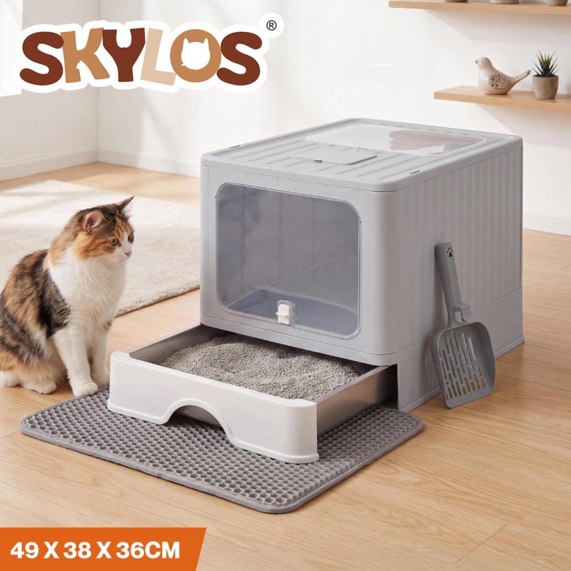Skylos Cat Litter Box Stainless Steel Enclosed Drawer Odor Control Foldable Grey