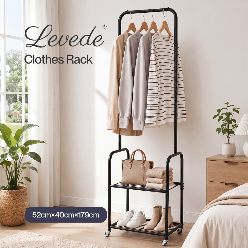 Levede Clothes Rack Heavy Duty Garment Rack 2 Shelf Locking Wheels Bedroom Black