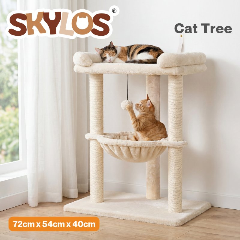 Skylos Cat Tree Tower Bed with Hammock Ball Scratching Post Large Perch Beige