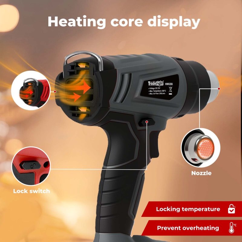 Traderight For 21V Battery Hot Air Gun Cordless Electric Heat Gun with 5 Nozzles