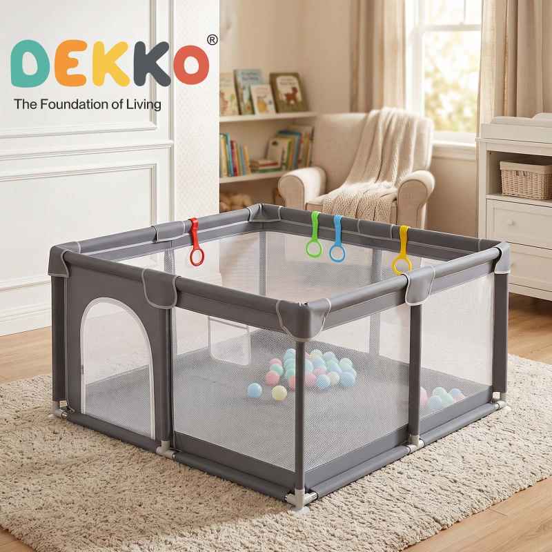 Dekko Baby Playpen 127x127cm Play Mat with 50 Ocean Balls Safe Easy Storage Grey