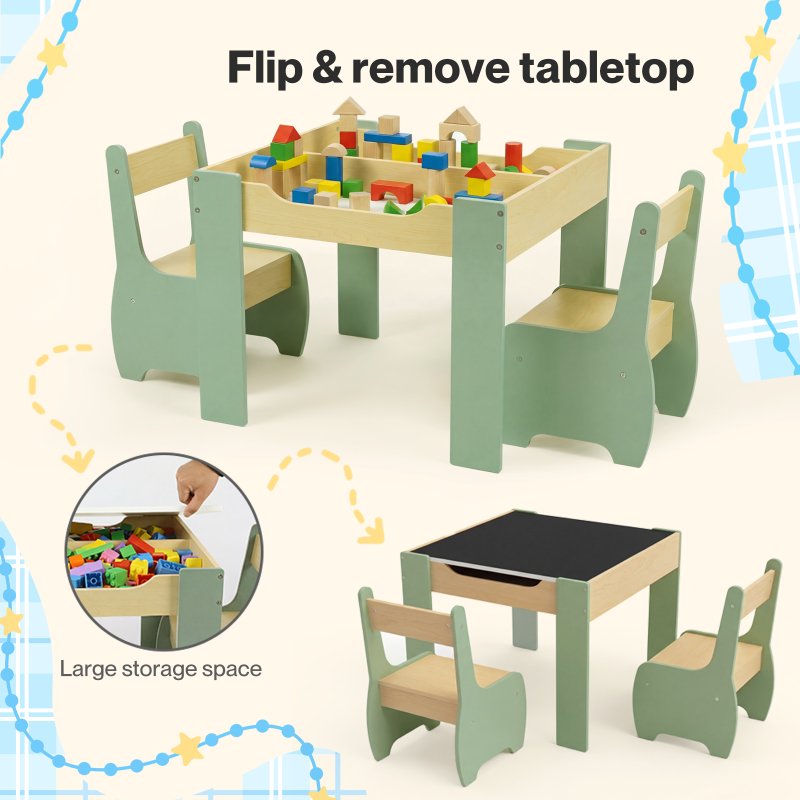 Levede Kids Table and Chair Sets 3-in-1 Study Toy Storage MDF Safe Design Green