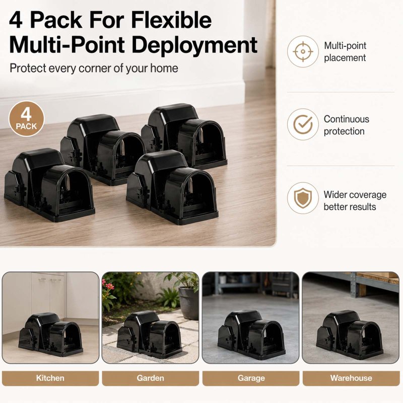 TOQUE Mouse Trap Quick Tunnel Catch Safe Reusable Indoor for Kitchen Black 4pc