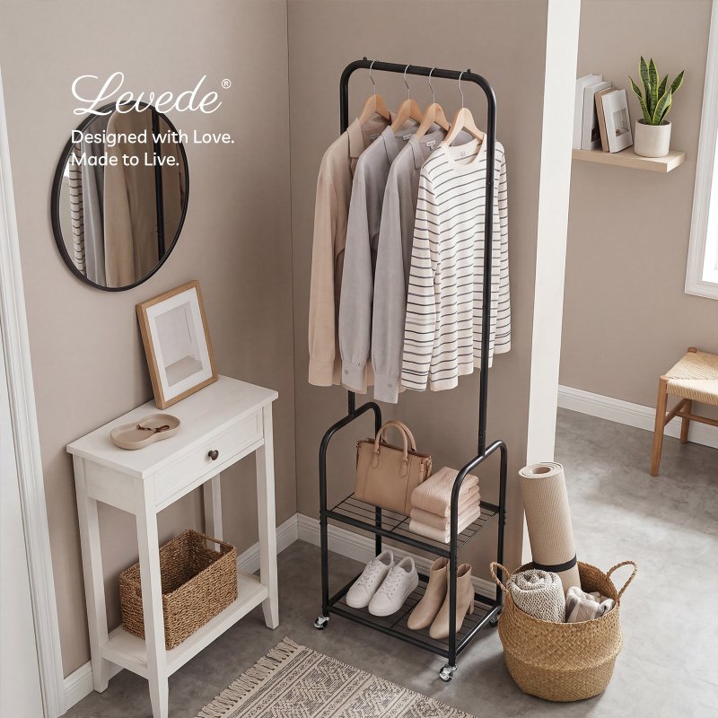 Levede Clothes Rack Heavy Duty Garment Rack 2 Shelf Locking Wheels Bedroom Black