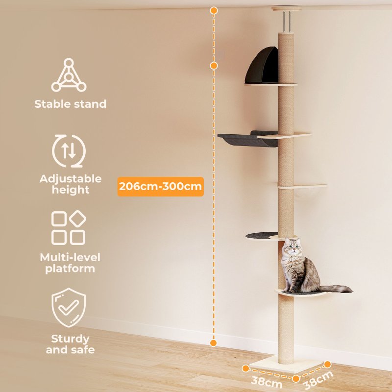 Skylos Floor to Ceiling Cat Tree Adjustable Height 206-300cm 6-Tier Cat Tower
