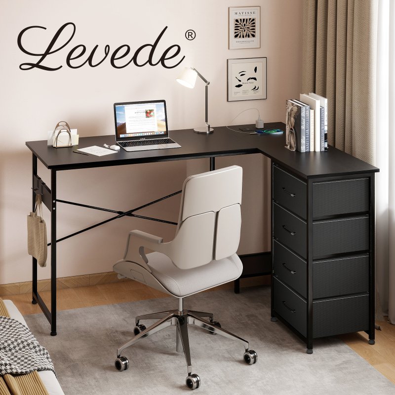 Levede Office Gaming Desk Reversible L-shaped Corner Computer Table 4 Drawers