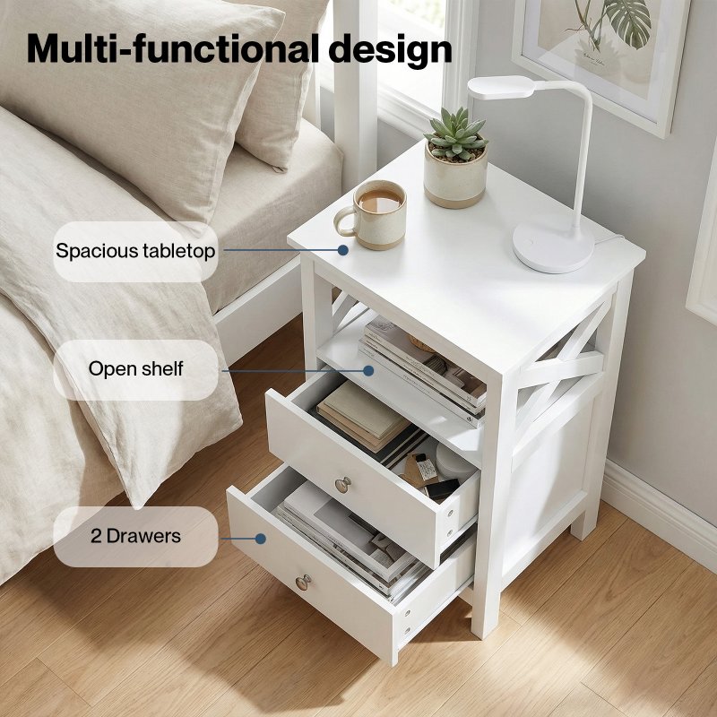 Levede Bedside Table Wood Nightstand Cabinet 2 Storage Drawers Open Shelf White