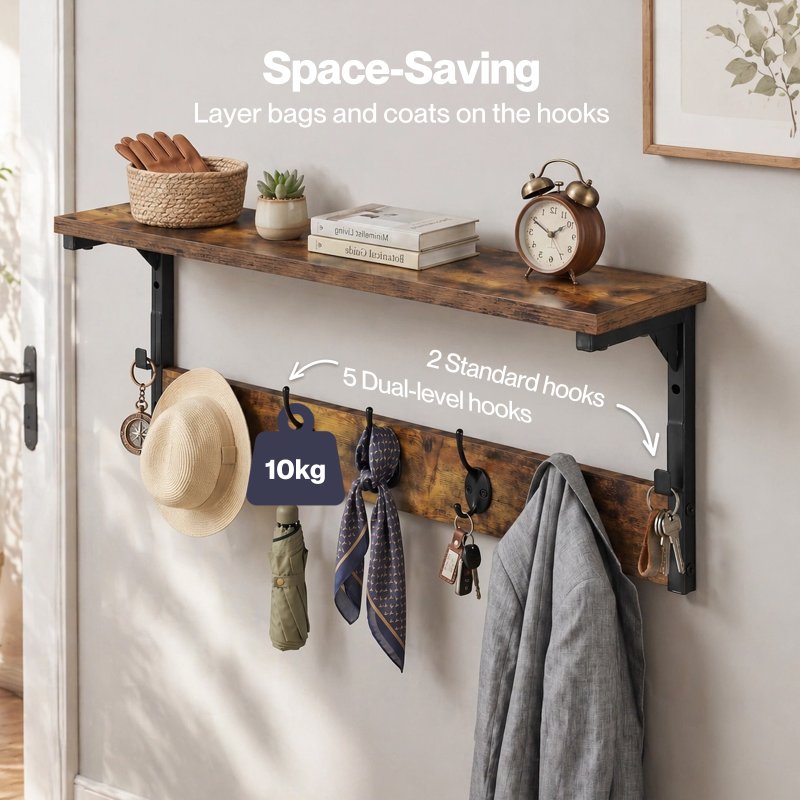 Levede Coat Rack Wall Mounted Shelf 7 Hooks Heavy Duty Entryway Storage Brown