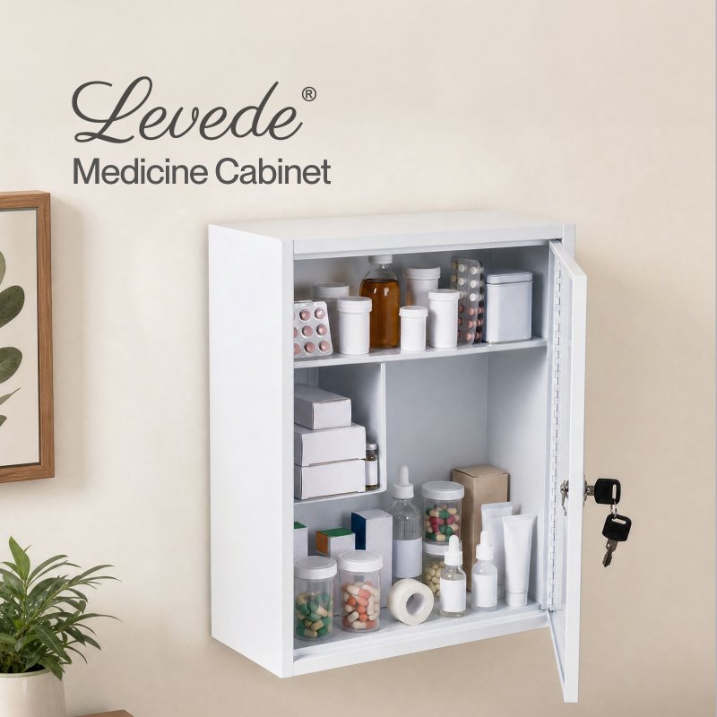 Levede Medicine Storage Box Lockable Steel Wall Cabinet 3-Tier White For Home Use