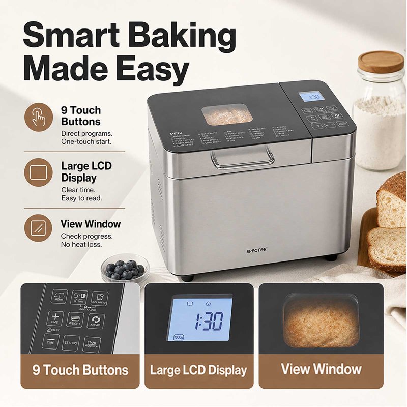 Spector Bread Maker 25 In 1 15H Timer 3 Loaf Sizes with LCD for Home Baking