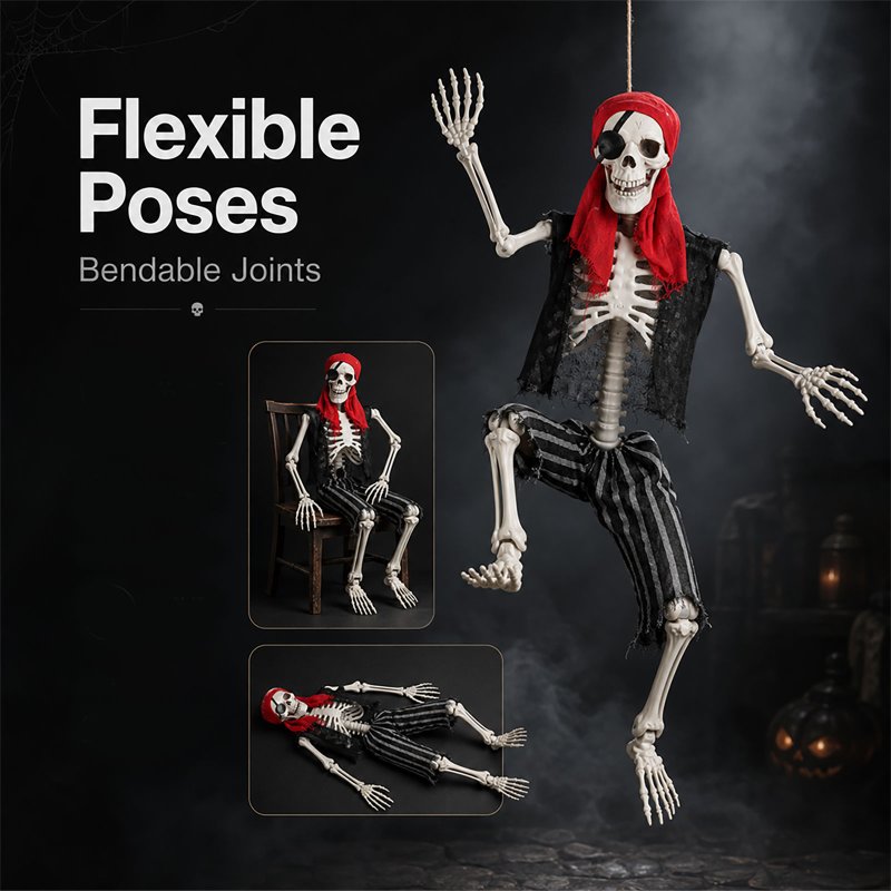 Yezi Halloween Skeleton Life Size Pirate Decor 166cm PE Plastic White