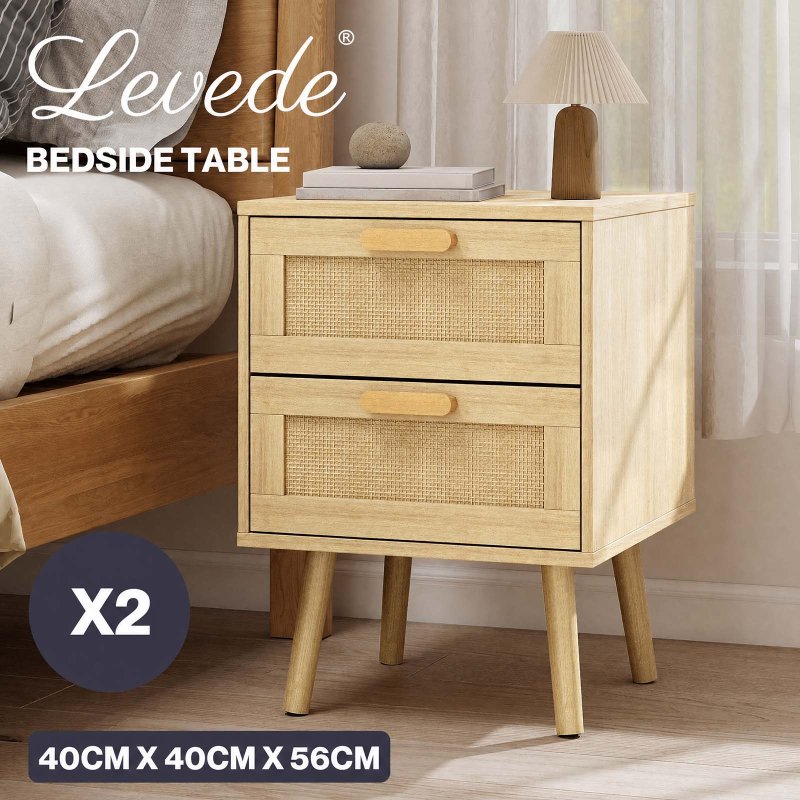 Levede Bedside Table Rattan 2 Pack Drawers Nightstand End Table Bedroom Bamboo