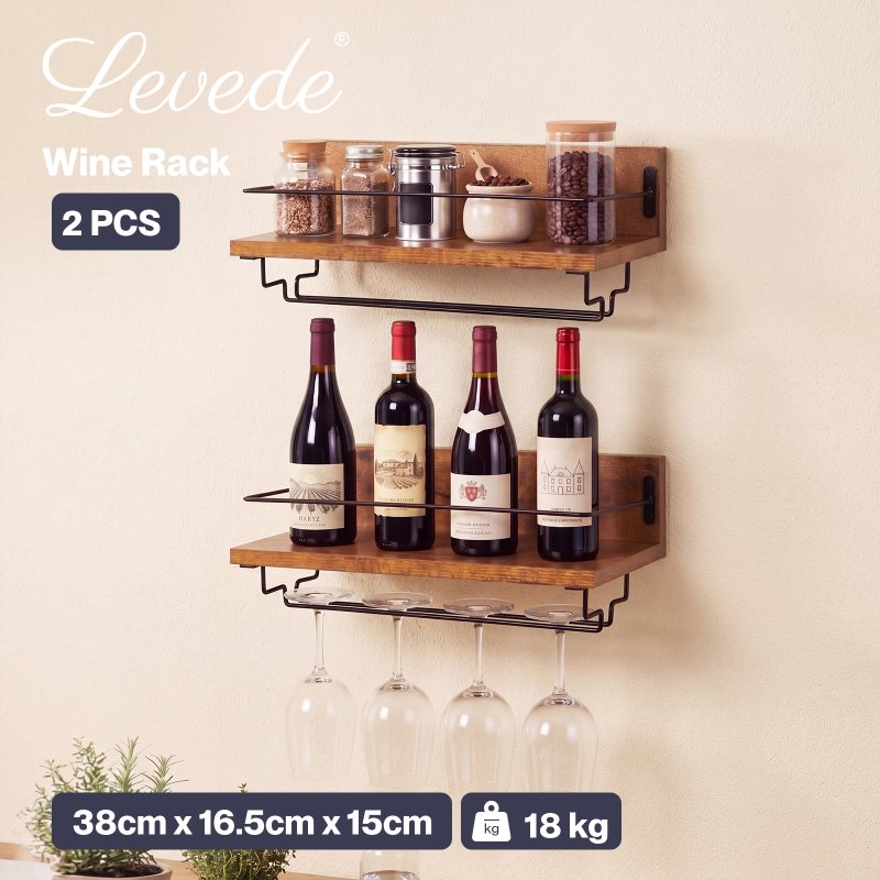 Levede Wall Wine Rack With Glass Holder Floating Wine Shelf Home Bar Storage 2PC