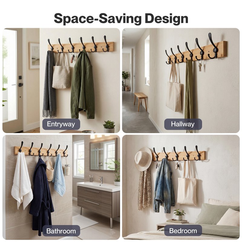 Levede Coat Rack Wall Mounted 6 Triple Hooks Holds Coats & Bags, Hallway Bamboo