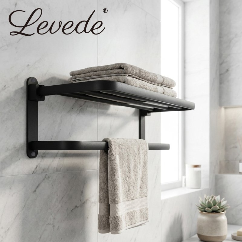 Levede Towel Holder with 2 Bars Wall Mounted No Drill Bathroom Shelf Black