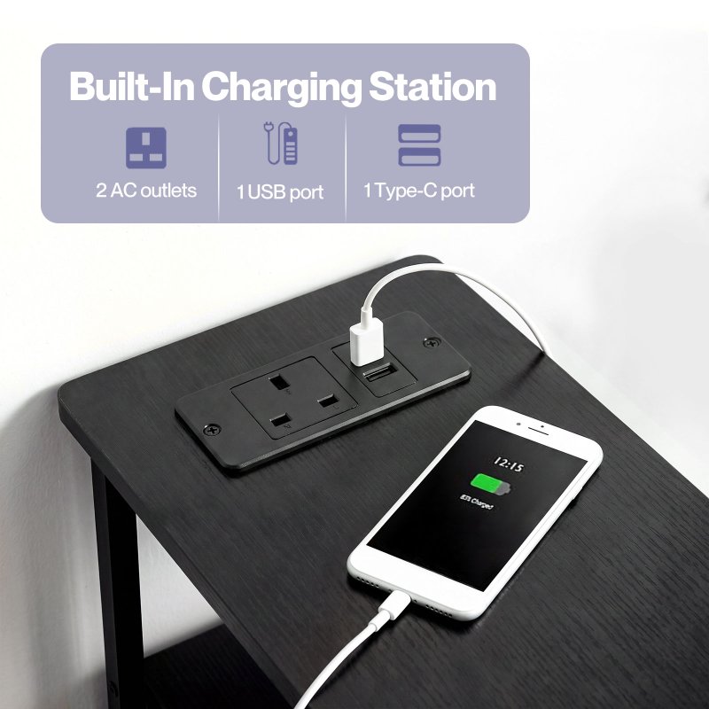 Levede Bedside Table Narrow Side Table with LED Charging Station Storage Black