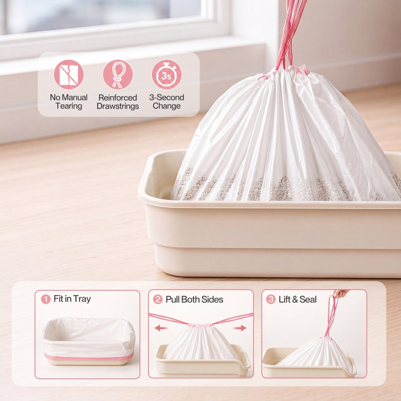 Skylos Cat Litter Bags for Robot Litter Box Drawstring 120 Pack HDPE Pink