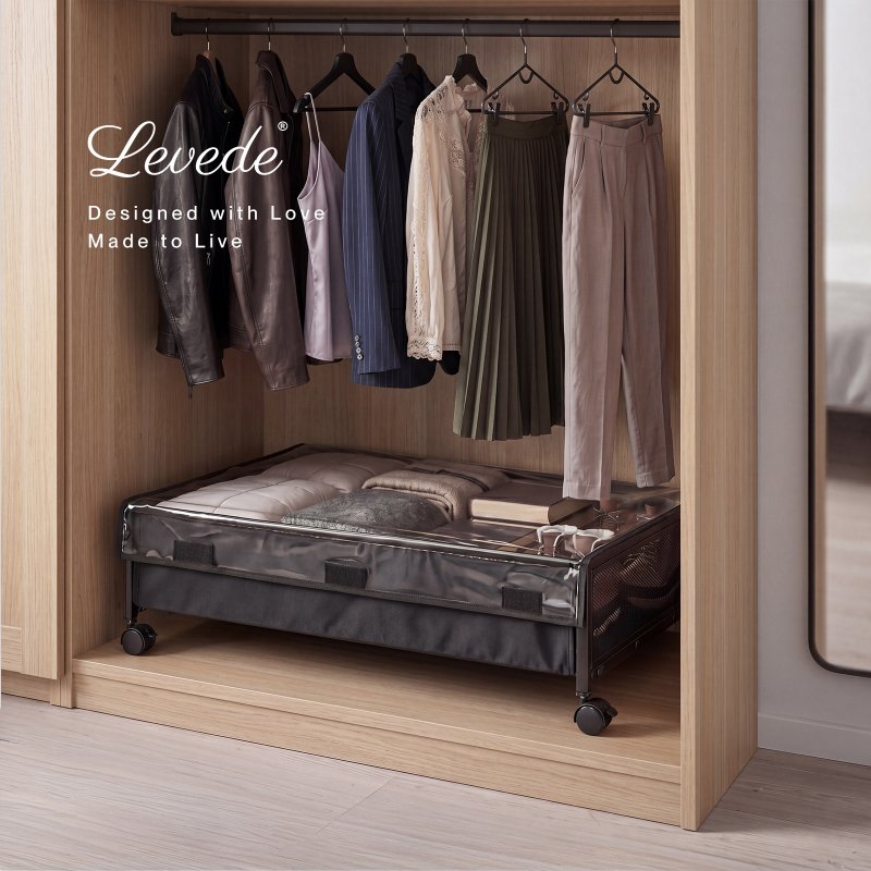 Levede Under Bed Storage Box with Lid Wheels,48L ,Metal Frame,Black